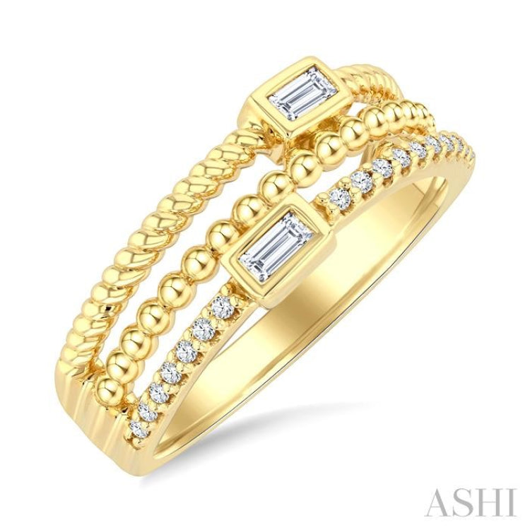 1/5 Ctw Triple Row Baguette and Round Cut Diamond Fashion Band in 10K Yellow Gold