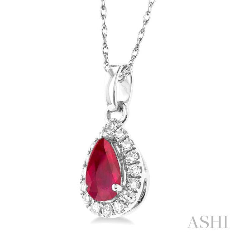 5x3 MM Pear Shape Ruby and 1/20 Ctw Single Cut Diamond Halo Precious Pendant with Chain in 10K White Gold