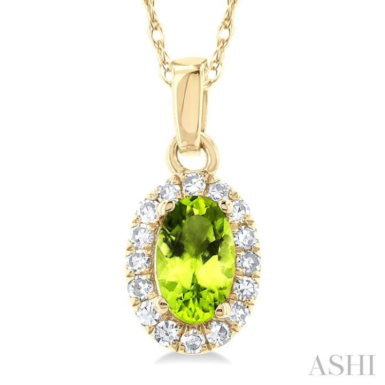 5x3 MM Oval Shape Peridot and 1/20 Ctw Single Cut Diamond Halo Semi-Precious Pendant with Chain in 10K Yellow Gold