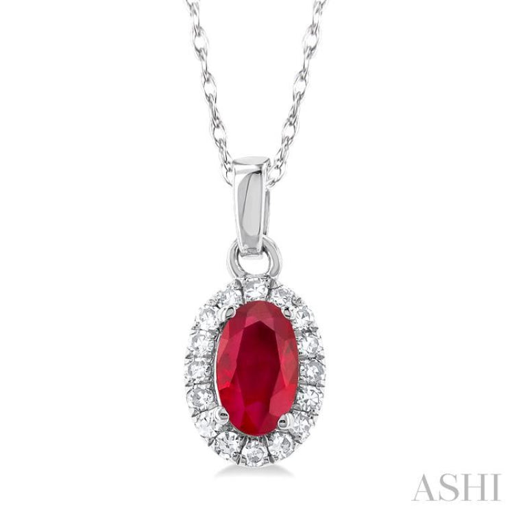 5x3 MM Oval Shape Ruby and 1/20 Ctw Single Cut Diamond Halo Precious Pendant with Chain in 10K White Gold