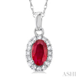 5x3 MM Oval Shape Ruby and 1/20 Ctw Single Cut Diamond Halo Precious Pendant with Chain in 10K White Gold