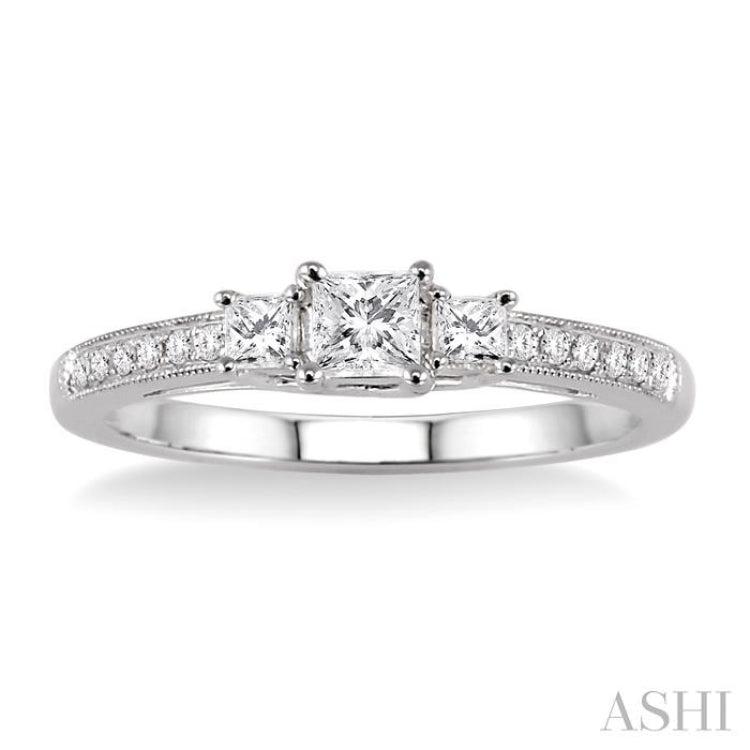3/8 ctw Diamond Engagement Ring with 1/5 Ct Princess Cut Center Stone in 14K White Gold