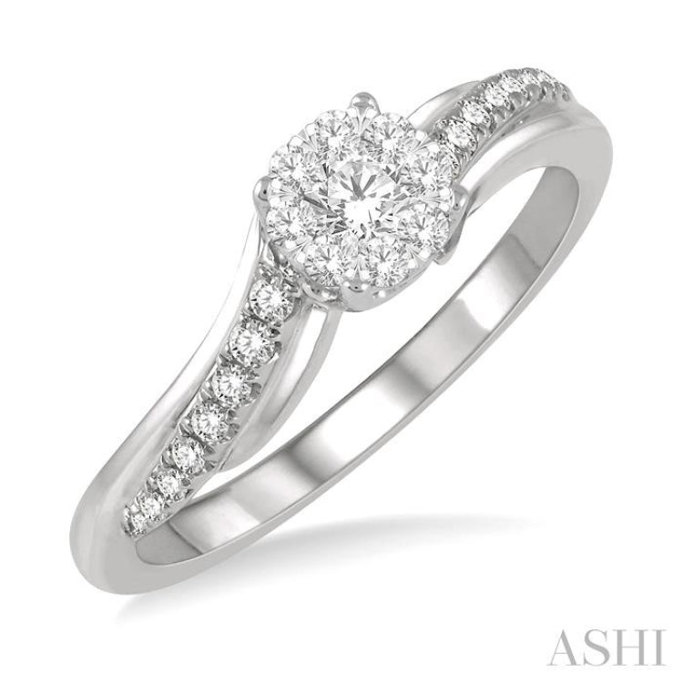 1/3 Ctw Circular Mount Slanting Round Cut Diamond Lovebright Engagement Ring in 14K White Gold