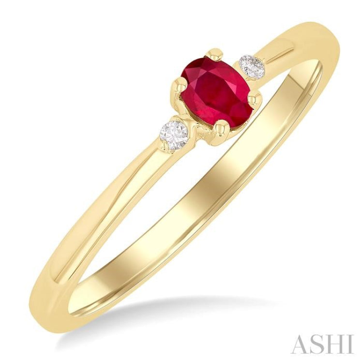 4x3 MM Oval Shape Ruby and 1/50 Ctw Petite Round Cut Diamond Fashion Ring in 10K Yellow Gold