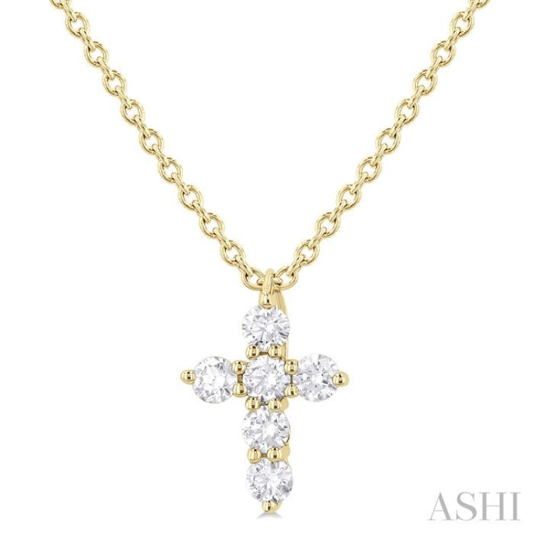 1/6 Ctw Round Cut Diamond Christian Cross 6-Stone Fashion Pendant With Chain in 14K Yellow Gold
