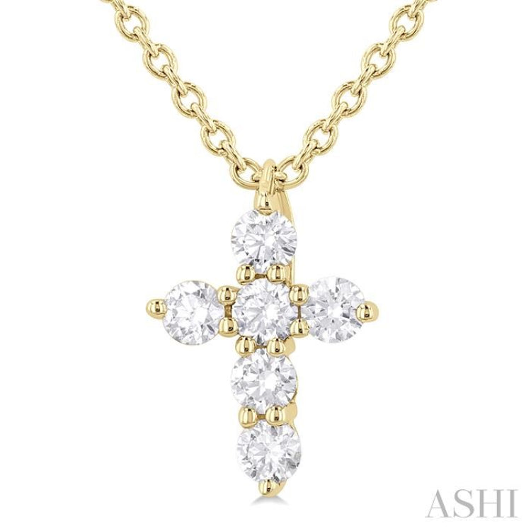 1/6 Ctw Round Cut Diamond Christian Cross 6-Stone Fashion Pendant With Chain in 14K Yellow Gold