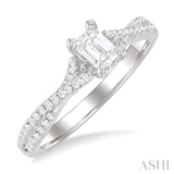 1/4 Ctw Split Crisscross Shank Emerald Shape Round Cut Diamond Semi-Mount Engagement Ring in 14K White Gold