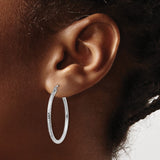 14k White Gold 2x30mm Diamond-cut Round Tube Hoop Earrings