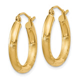 14k 3x20mm Satin Diamond-cut Round Tube Hoop Earrings