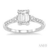 7/8 Ctw Pear & Round Cut Diamond Engagement Ring With 1/2 Ct Emerald Cut Center Stone in 14K White Gold