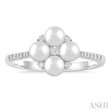 4 MM Floral Center Round Shape Cultured Pearl and 1/8 Ctw Round Cut Diamond Fashion Ring in 10K White Gold