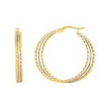 14K Yellow and White Gold Polished and Diamond Cut Double Row Hoop Earring