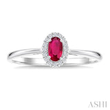 5x3 MM Oval Shape Ruby and 1/20 Ctw Round Cut Diamond Halo Precious Ring in 14K White Gold