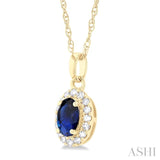 5x3 MM Oval Shape Sapphire and 1/20 Ctw Single Cut Diamond Halo Precious Pendant with Chain in 10K Yellow Gold