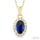 5x3 MM Oval Shape Sapphire and 1/20 Ctw Single Cut Diamond Halo Precious Pendant with Chain in 10K Yellow Gold
