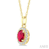 5x3 MM Oval Shape Ruby and 1/20 Ctw Round Cut Diamond Halo Precious Pendant with Chain in 10K Yellow Gold