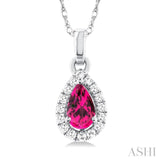 5x3 MM Pear Shape Pink Tourmaline and 1/20 Ctw Single Cut Diamond Halo Semi-Precious Pendant with Chain in 10K White Gold