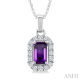 5x3 MM Octagonal Shape Amethyst and 1/20 Ctw Round Cut Diamond Halo Semi-Precious Pendant with Chain in 10K White Gold