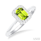 6x4 MM Octagonal Shape Peridot and 1/6 Ctw Round Cut Diamond Halo Semi-Precious Ring in 10K White Gold
