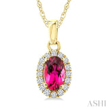 5x3 MM Oval Shape Pink Tourmaline and 1/20 Ctw Round Cut Diamond Halo Semi-Precious Pendant with Chain in 10K Yellow Gold