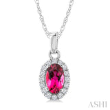 5x3 MM Oval Shape Pink Tourmaline and 1/20 Ctw Round Cut Diamond Halo Semi-Precious Pendant with Chain in 10K White Gold