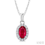 5x3 MM Oval Shape Ruby and 1/20 Ctw Round Cut Diamond Halo Precious Pendant with Chain in 10K White Gold