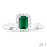6x4 MM Octagonal Shape Emerald and 1/6 Ctw Round Cut Diamond Halo Precious Ring in 14K White Gold