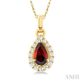 5x3 MM Pear Shape Garnet and 1/20 Ctw Single Cut Diamond Halo Semi-Precious Pendant with Chain in 10K Yellow Gold
