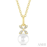6 MM Round Shape Cultured Pearl and 1/50 Ctw Petite Floral Round Cut Diamond Fashion Pendant With Chain in 10K Yellow Gold