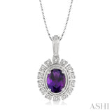 8x6 MM Oval Shape Amethyst and 1/10 Ctw Round Cut Diamond Semi-Precious Pendant With Chain in 10K White Gold