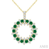 2.5 MM Round Shape Emerald and 3/4 Ctw Round Cut Diamond Triple Row Circle Precious Pendant With Chain in 14K Yellow Gold