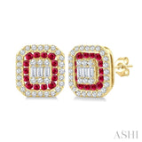 1/3 Ctw Octagonal Shape 1.25MM Round Cut Ruby, Baguette and Round Cut Diamond Fusion Precious Stud Earring in 14K Yellow Gold