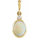 14K Yellow Gold 12x10 mm Natural White Opal & .03 CT Natural Diamond Cabochon Pendant