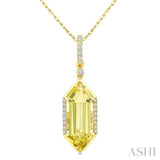 16X6 MM Hexagon Shape Lemon Quartz and 1/10 Ctw Round Cut Diamond Semi-Precious Pendant With Chain in 10K Yellow Gold