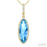 16X6 MM Oval Shape Blue Topaz and 1/5 Ctw Round Cut Diamond Semi-Precious Pendant With Chain in 10K Yellow Gold
