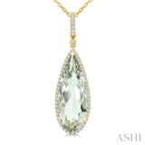 22X8 MM Pear Shape Green Amethyst and 1/4 Ctw Round Cut Diamond Semi-Precious Pendant With Chain in 14K Yellow Gold