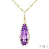 22X8 MM Pear Shape Amethyst and 1/4 Ctw Round Cut Diamond Semi-Precious Pendant With Chain in 14K Yellow Gold