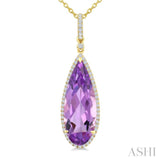 22X8 MM Pear Shape Amethyst and 1/4 Ctw Round Cut Diamond Semi-Precious Pendant With Chain in 14K Yellow Gold