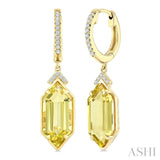 14X6 MM Hexagon Shape Lemon Quartz and 1/6 Ctw Round Cut Diamond Semi-Precious Earrings in 14K Yellow Gold