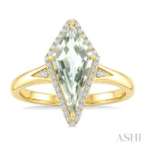 16X7 MM Kite Shape Green Amethyst and 1/6 Ctw Round Cut Diamond Semi-Precious Ring in 10K Yellow Gold