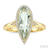 16X6 MM Pear Shape Green Amethyst and 1/6 Ctw Round Cut Diamond Semi-Precious Ring in 10K Yellow Gold