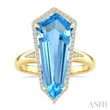 22X9 MM Shield Shape Blue Topaz and 1/4 Ctw Round Cut Diamond Semi-Precious Ring in 14K Yellow Gold