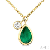 6x4 MM Pear Cut Emerald and 1/20 Ctw Bezel Set Round Cut Diamond Precious Pendant With Chain in 14K Yellow Gold