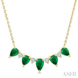 5x3 MM & 4x3 MM Pear Cut Emerald and 1/8 Ctw Round Cut Diamond Precious Necklace in 14K Yellow Gold