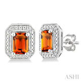 6X4 MM Octagon Shape Citrine and 1/50 Ctw Round Cut Diamond Semi-Precious Earrings in Sterling Silver