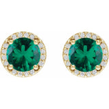 14K Yellow Gold Lab-Grown Emerald & .05 CTW Natural Diamond Halo-Style Earrings