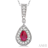 6x4 MM Pear Shape Ruby and 1/6 ctw Round Cut Diamond Pendant in 14K White Gold with Chain