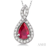 6x4 MM Pear Shape Ruby and 1/10 ctw Round Cut Diamond Pendant in 14K White Gold with Chain