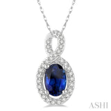 6x4 MM Oval Cut Sapphire and 1/10 ctw Round Cut Diamond Pendant in 10K White Gold with Chain