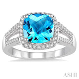 8x8 MM Cushion Shape Blue Topaz and 1/4 ctw Round cut Diamond Ring in 10K White Gold